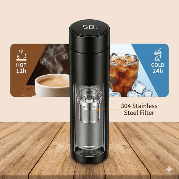 Smart Vacuum Insulated Stainless Steel Water Bottle, LED Temperature Display, 17oz, Matte Black