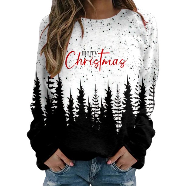 Gibobby Sudadera de Navidad para mujer Blusa holgada con cuello redondo y estampado de Navidad para mujer, camisetas de entrenamiento de manga larga a la moda(Negro,G)