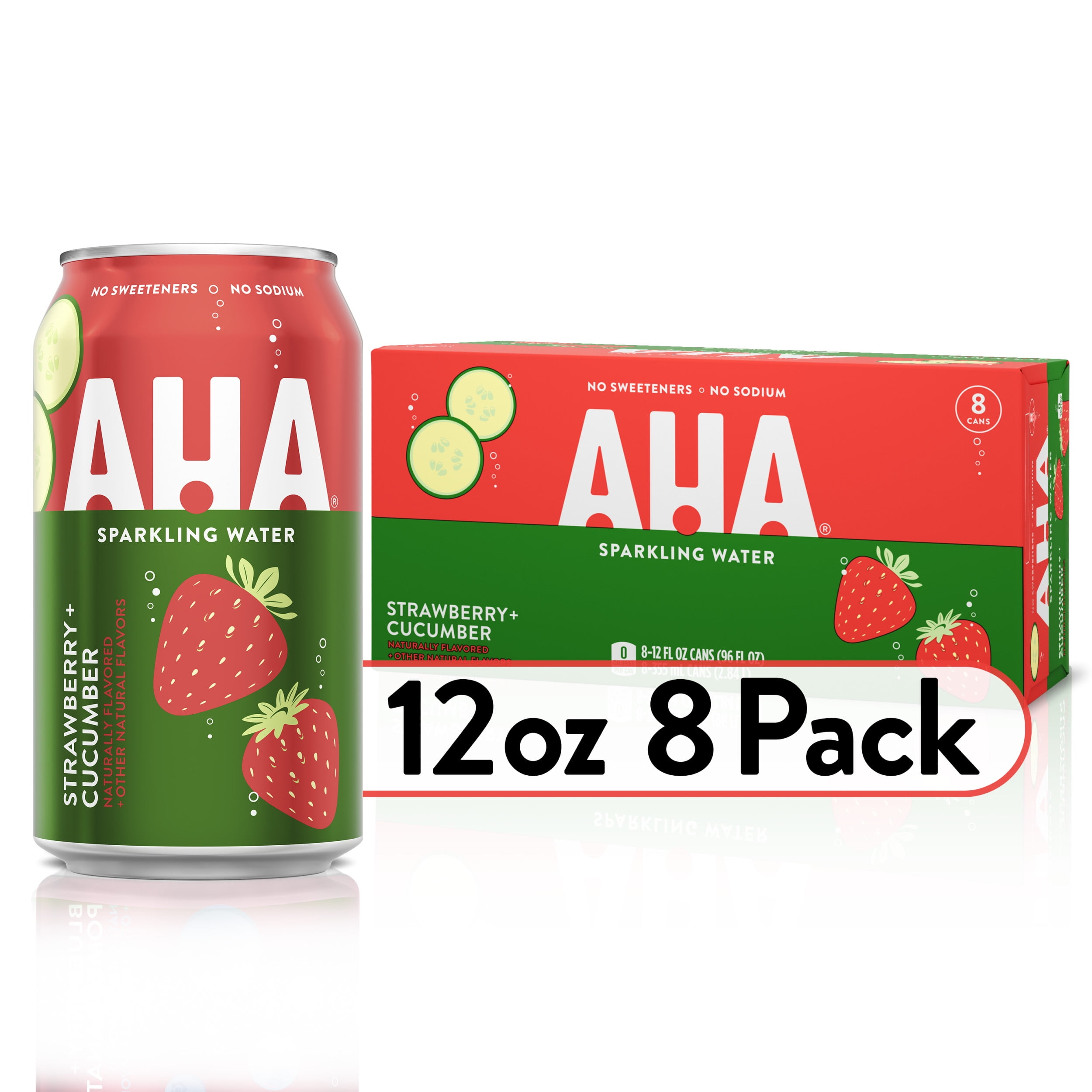 AHA Strawberry and Cucumber Sparkling Water, 12 fl oz, 8 Cans