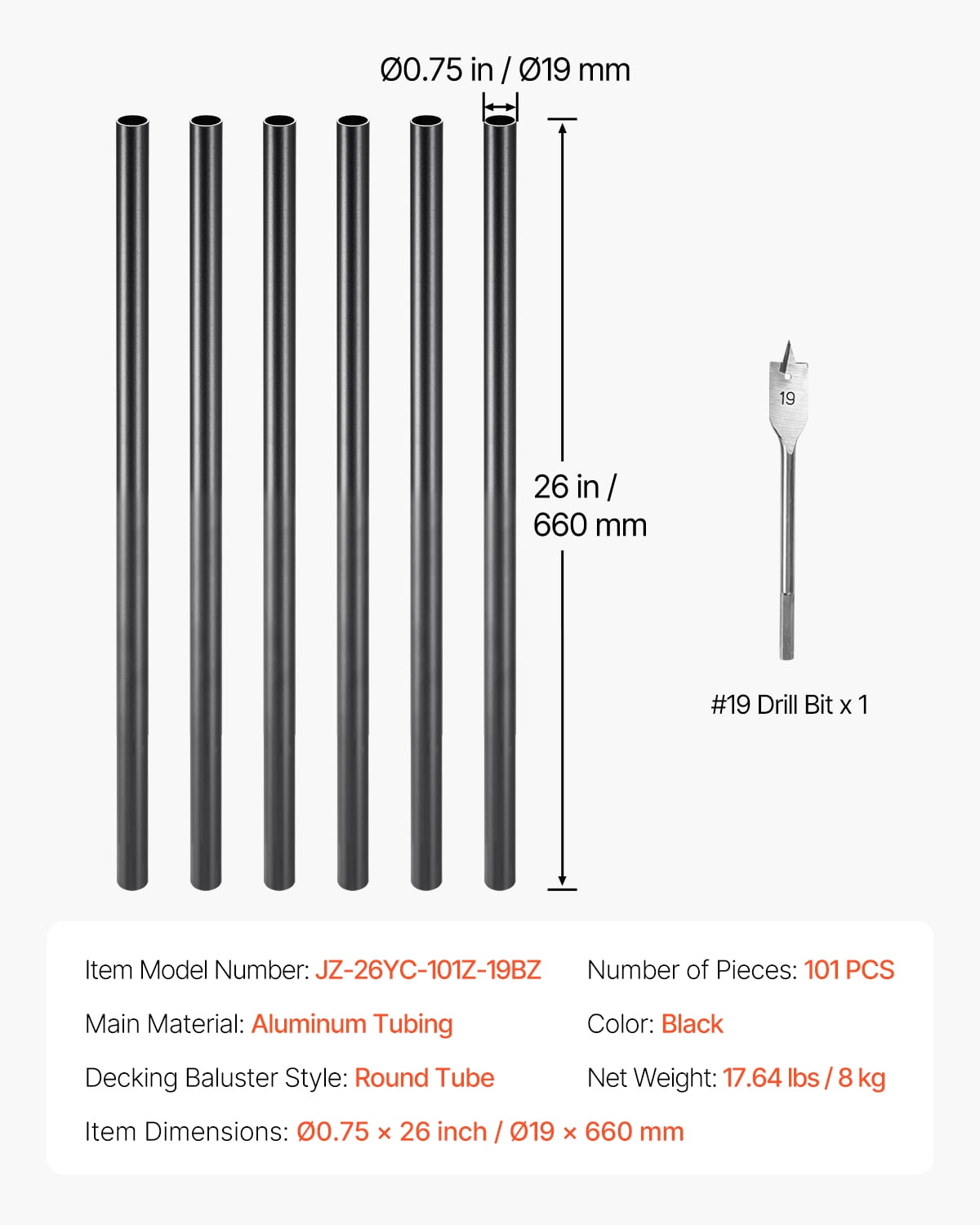 VEVOR Staircase Balusters 101 pack, 26 In Aluminum Stair Balusters, 3/4 In Rainwater-Proof Round Metal Spindle Railing, Durable Hollow Deck Railing with #19 Drill Bit for Stairs, Porch, Patio, Black