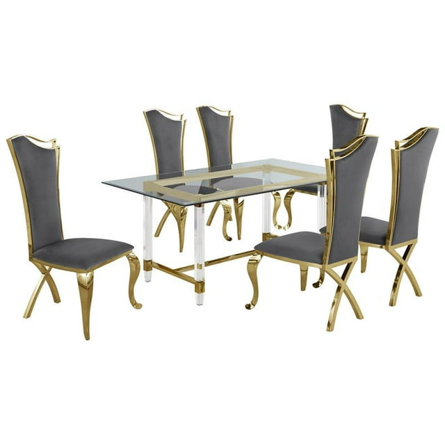 7pc. 68" x 40" Glass Dining Set with 6 Chairs and Gold Stainless Steel