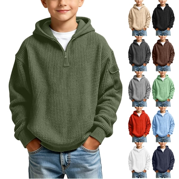 Tsivenald Boys Hoodies Waffle Knit Quarter Zip Long Sleeve Sweatshirts Solid Color Casual Daily Kids Pullover Sweatshirt,(Size 110,Army Green)