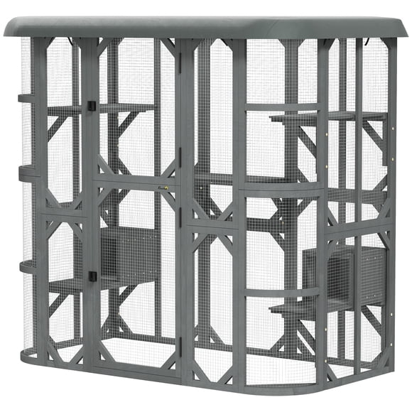 Grey Outdoor Cat Enclosure - 74” Wooden Cat House with Platforms & Cover for 2-3 Kittens - Secure Patio & Garden Retreat