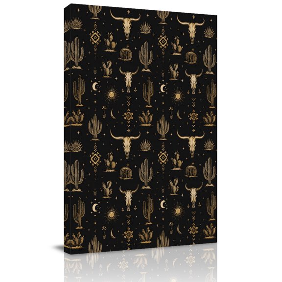 Canvas Wall Art, Black Yellow Skull Framed Canvas Prints for Living Room Office, Boho Ethnic Tribe Southwestern Large Gallery Wrapped Wall Decor for Home Office, Gifts, 16"x24" Ship Next Day