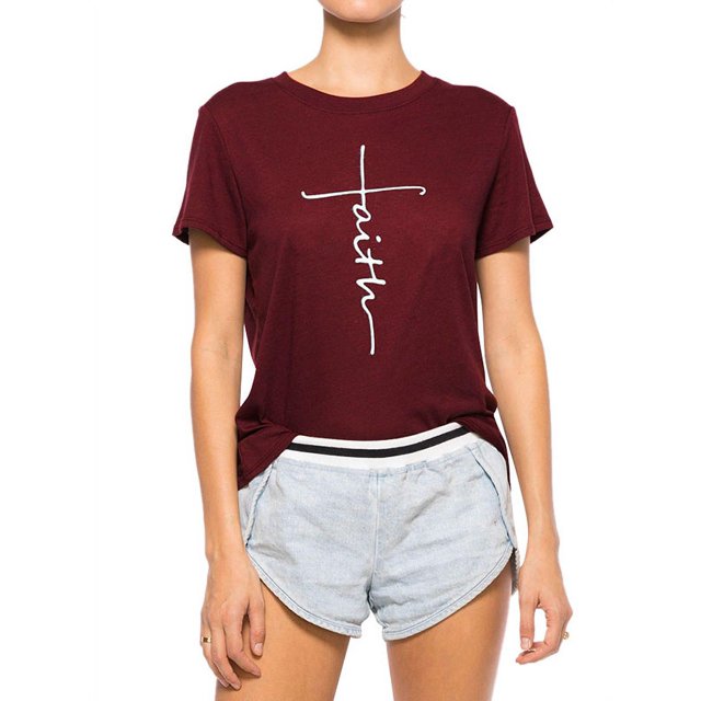 T-Shirt Col Rond Imprimé Croix Foi pour Femmes