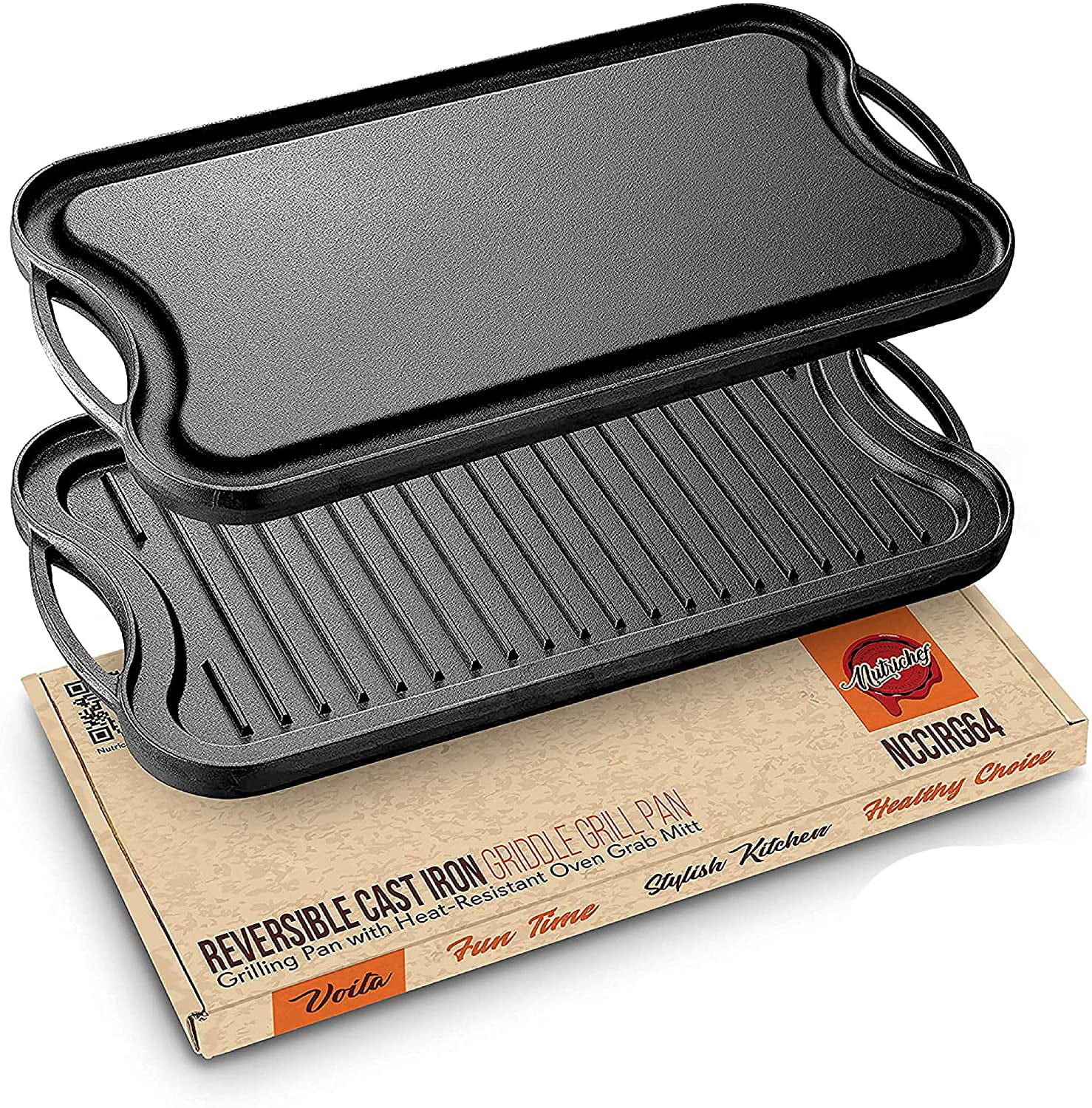 Heavy Duty Reversible Double Burner Cast Iron Grill Griddle Stove-top Home Camp 