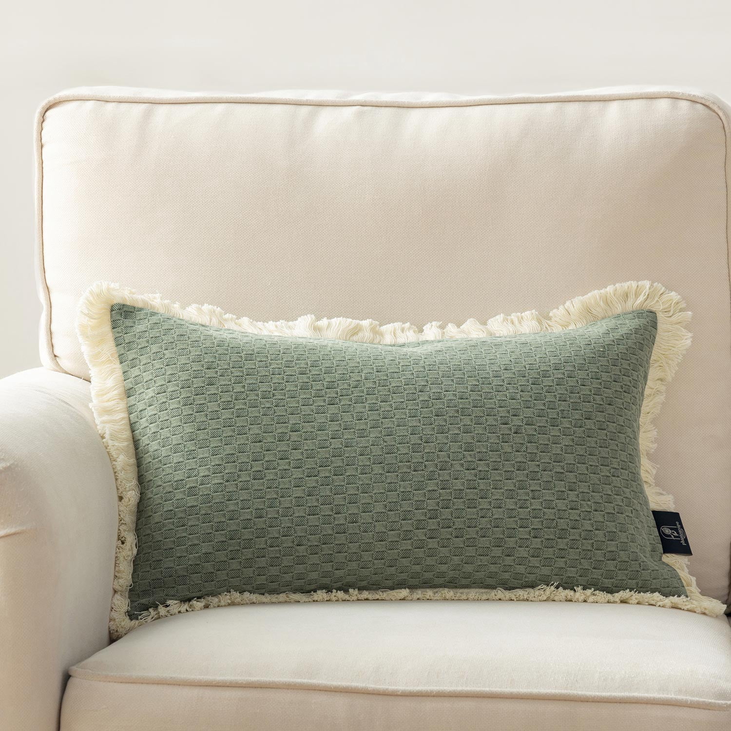 Phantoscope Fringe Trim Textured Woven Decorative Throw Pillow with Insert, Boho Checker Pattern, Dark Green, 20 x 20 in, 1 Pack