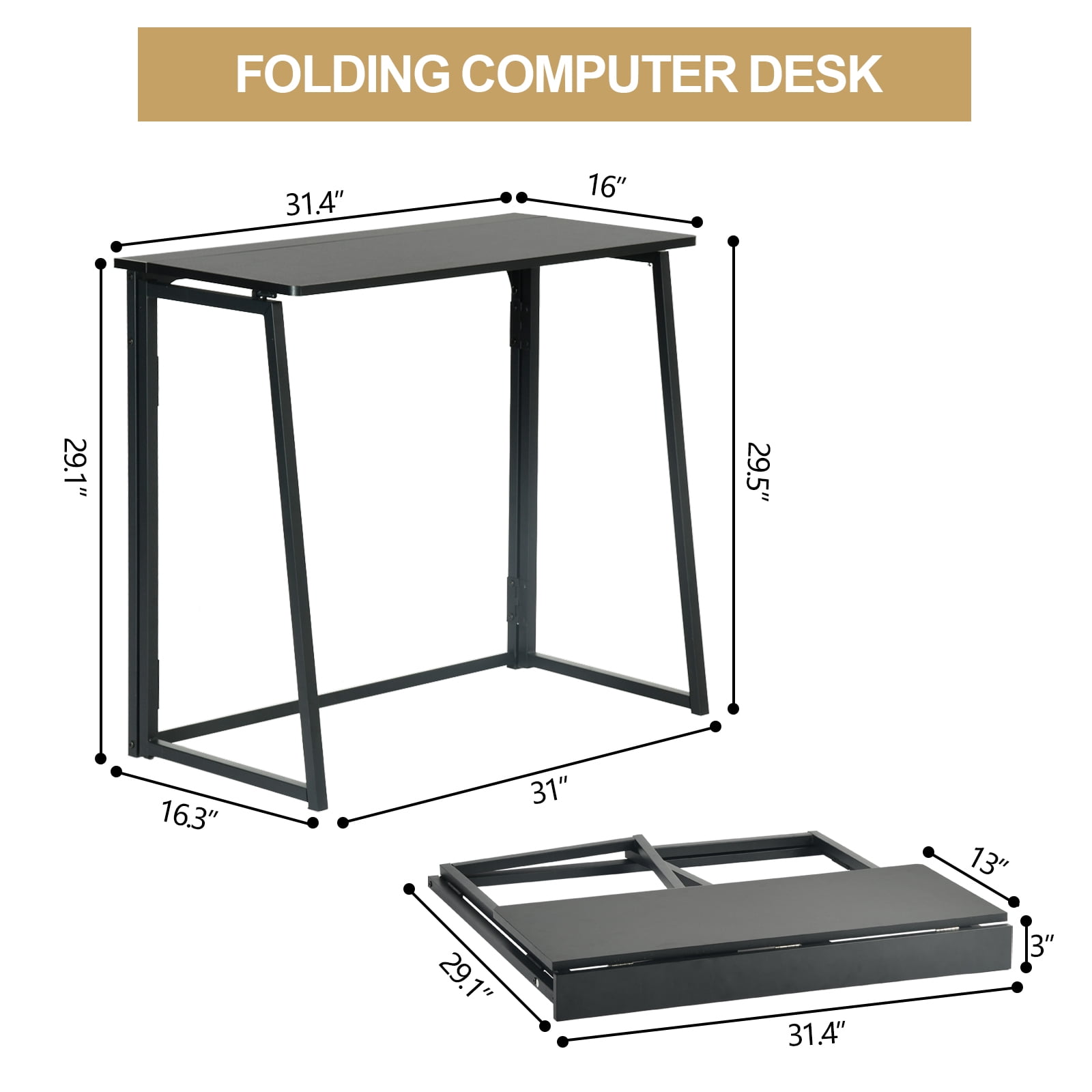Homy Casa Folding Table, Portable Space-Saving Desk for Home, Apartment, Events, Black Finish