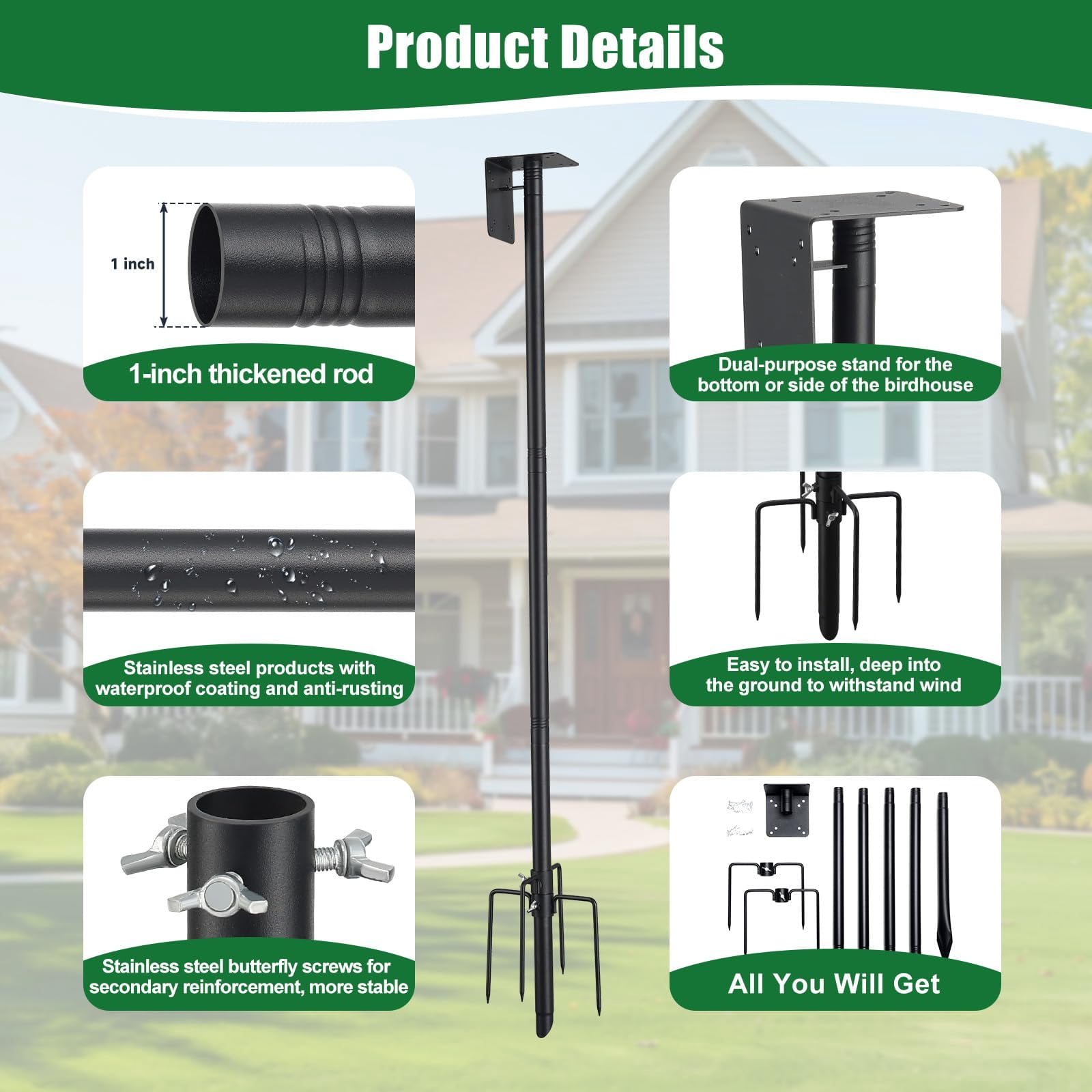 75'' Bird Feeder Pole with 5-Pronged Bracket, Adjustable Heavy Duty Bird House Pole for Outdoor, Matte Black