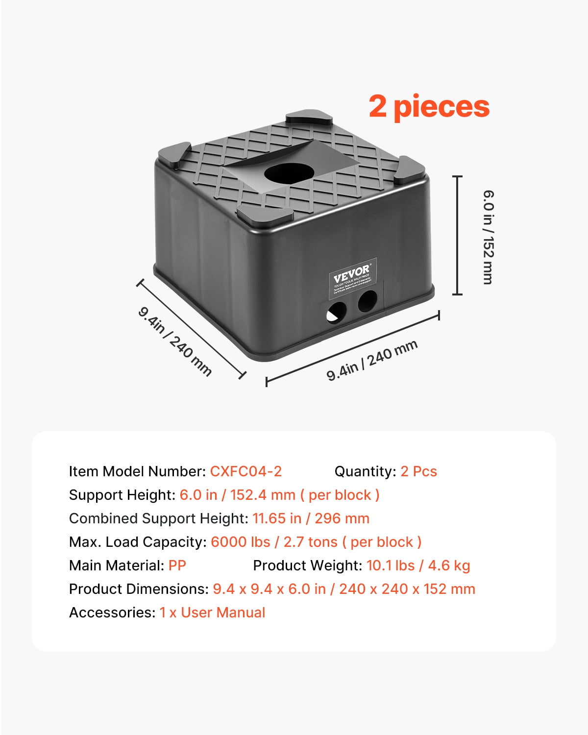 VEVOR Trailer Jack Blocks, 6" High Heavy Duty RV Leveling Blocks, Each with 6000 lbs Capacity, as RV Jack Stand, Stool, Camper Accessories, for Travel Trailers, 5th Wheels Class A/C Motorhomes