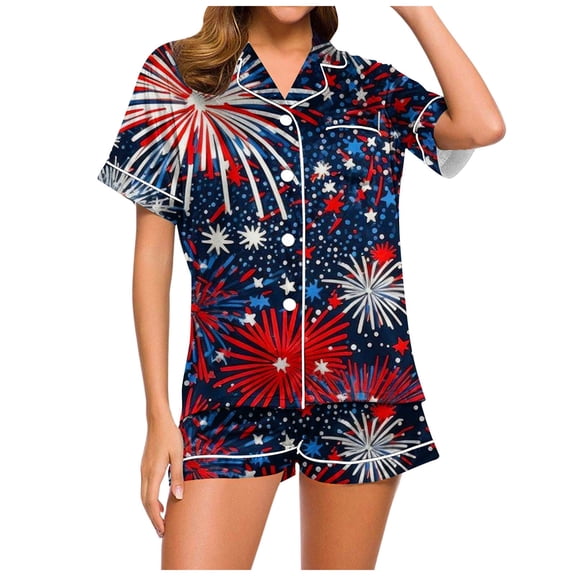 BOOMNY Independence Day Womens Pajamas Set Short Sleeve July 4Th Pjs Tops Shorts Sleepwewar Pyjamas Patriotic Star Striped Graphic Soft Cozy 4Th Of July Homewear Loungewear Sets