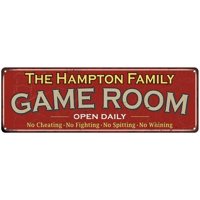 The Hampton Family Personalized Red Game Room Metal 8x24 Sign 108240038712