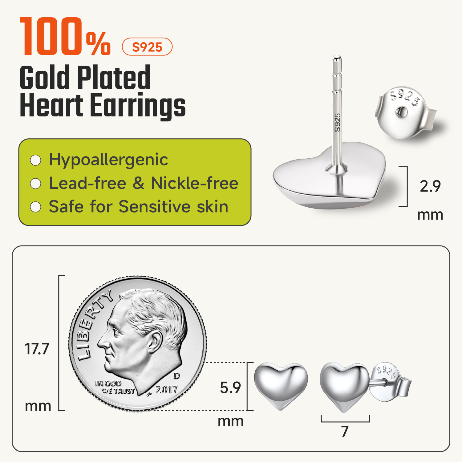Just Being Cute Real Sterling Silver Heart Earrings for Women, Silver Heart Stud Earrings Birthday Graduation Mothers Day Jewelry Gifts for Mom/Wife/Her, 7mm
