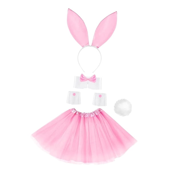 Conjunto de disfraz de conejito, diadema con orejas de conejo y cola para Halloween. Rosa
