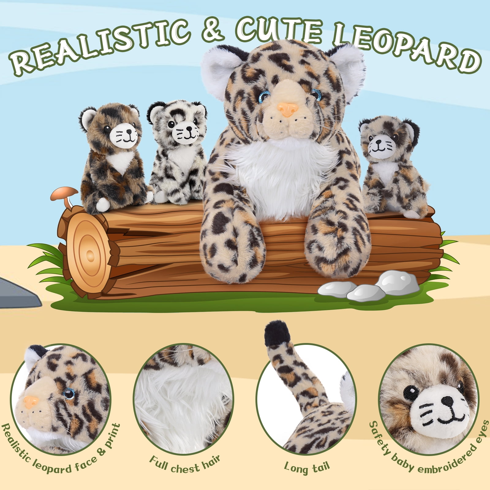 MorisMos 18" Cheetah Stuffed Animals Mommy Stuffed Leopard with 3 Baby Plush Toys