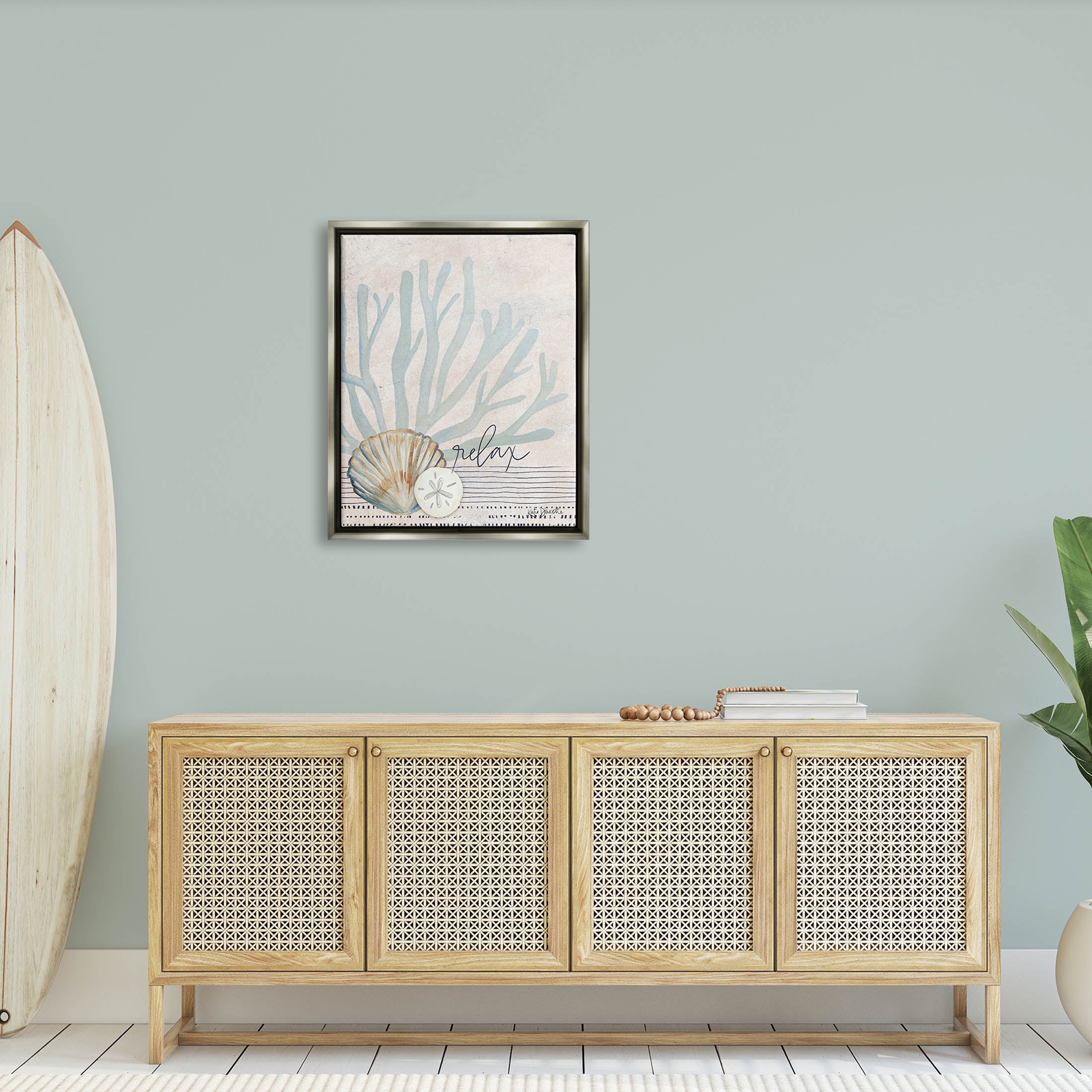 Stupell Industries Striped Sea Life Aquatic Seashells Graphic Art Luster Gray Floating Framed Canvas Print Wall Art, Design by Katie Doucette