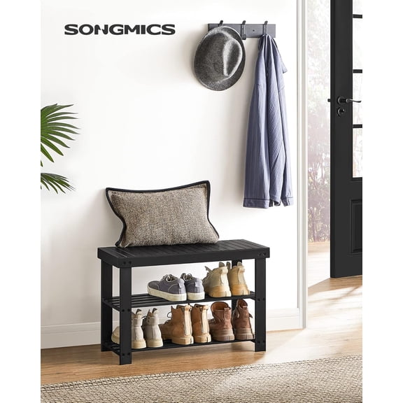 SONGMICS Banco Zapatero, Organizador para Zapatos de Bambú, 28.7 x 70.1 x 45.3 cm, para Sala de Estar, Dormitorio, Negro