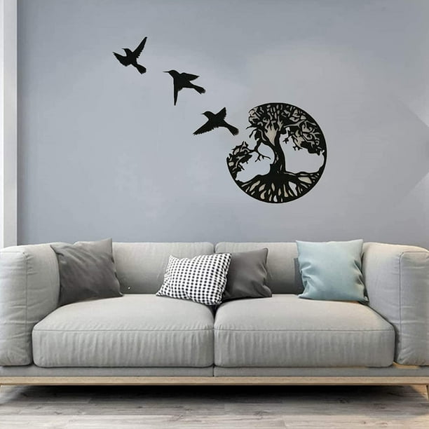 Déco murale arbre de vie et oiseaux cercle en métal noir 60 cm