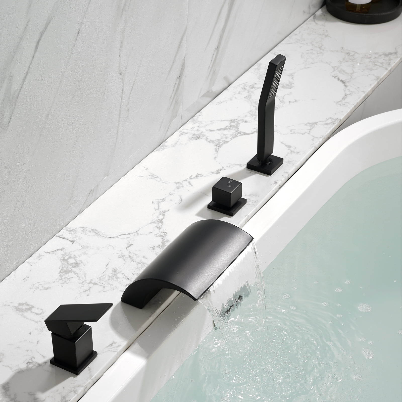 Cobbe Single Handle Bathroom Bathtub Faucet with 7.09-Inch Wide Waterfall Spout and Handheld Shower 4-Hole Mount Matte Black