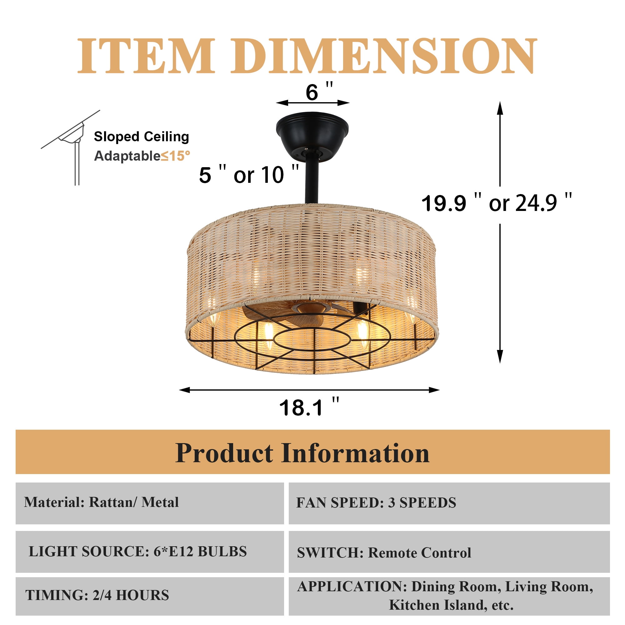 Cusp Barn 18" Rattan Caged Ceiling Fan with Light Fandelier Ceiling Fan for Bedroom, Remote Control, 3-Speed, E12 Bulb, Black