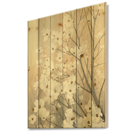 Designart 'White Blossoms Flowers on Grey' Traditional Print on Natural Pine Wood