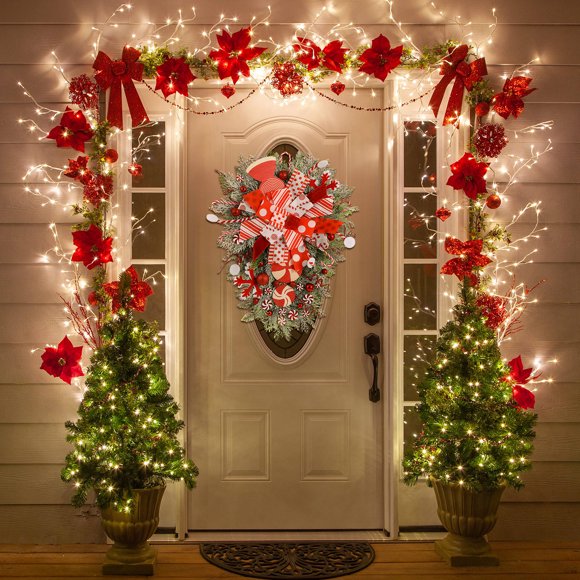 FONDOTIN Couronne de Porte de Noël Multicolore en Forme d'Arbre Inversé Ornement Festif pour Espaces Commerciaux Lot de 1 60x40x6In