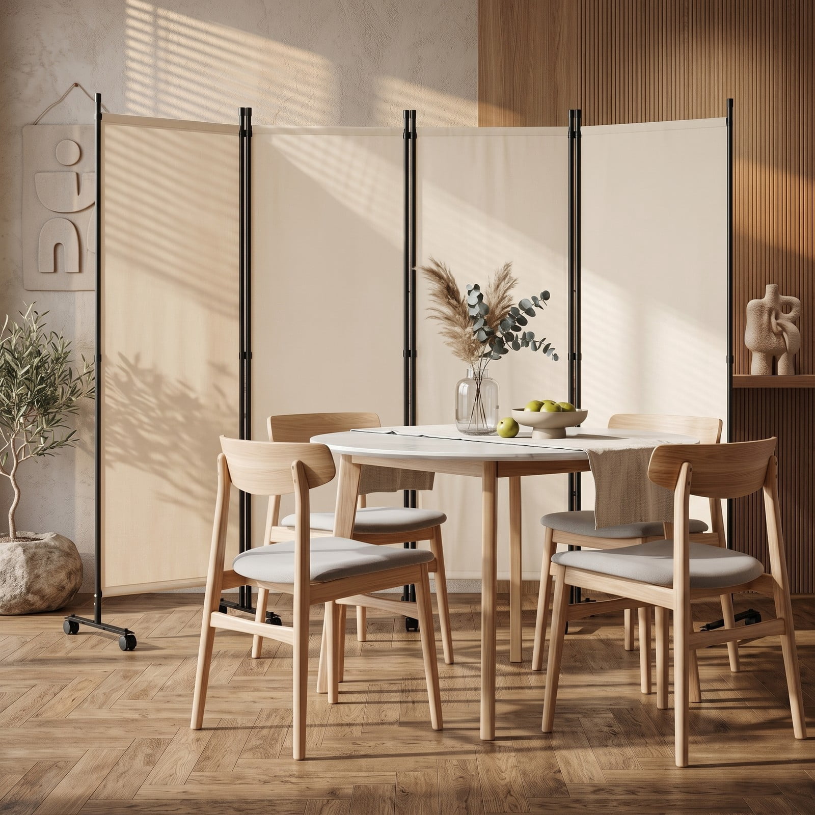 ALPULON 4-Panel Room Divider Freestanding Privacy Screen with 10 Lockable Wheels, Foldable Polyester Fabric Partition with Heavy-Duty Metal Frame for Living, Beige