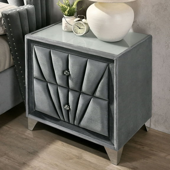 Grey Color 1pc Nightstand Bedside Table Fully Upholstered Fabric Glass Top Chrome Leg Bedroom Furniture
