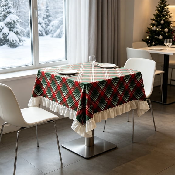 GOFLIC Christmas Red Green Plaid Tablecloth with White Ruffle, Vintage Dining Table Cover for Kitchen Dinner Party, Festival Home Atmosphere Decoration