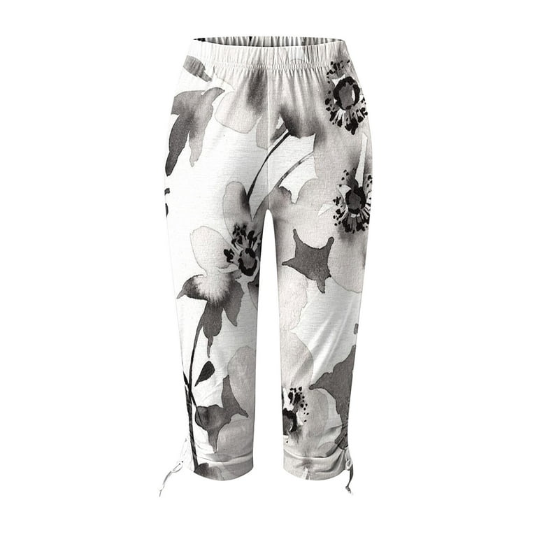 YYDGH Womens Capri Legging Pants Floral Print Stretchy Casual Loose Fitting  Workout Lounge Pants Slim Fit Summer Leggings White Gray M 