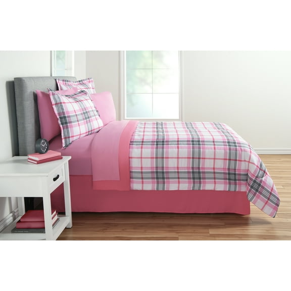 Mainstays Plaid 6-8 piece Bed in a Bag Comforter Set with Sheets