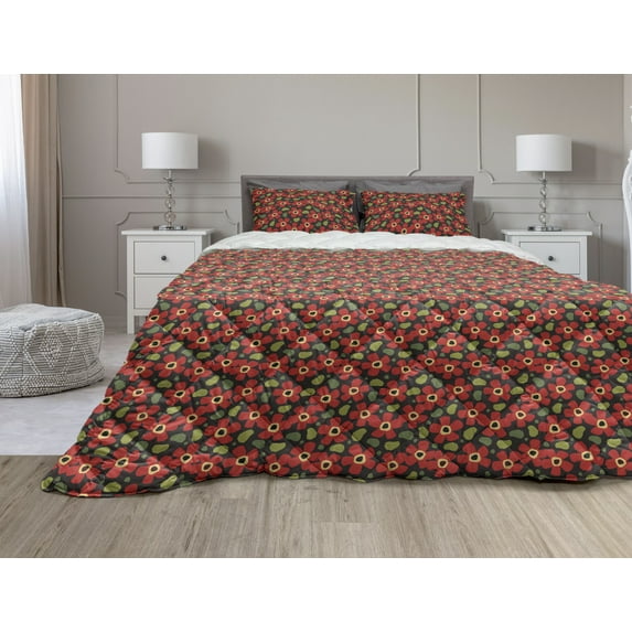 Scandinavian Comforter & Sham Bedding Set, Ornamental Blossoming Flowers with Paint Marks Coming of the Spring Design, 3 pcs Duvet Set Microfiber Filling Quilt, 5 Sizes, Multicolor, by Ambesonne