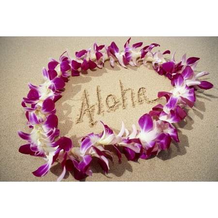 - Hawaii Close-Up Detail Of Purple Orchid Lei On Beach Aloha Written In Sand C1445 Stretched Canvas - Mary Van de Ven Design Pics (38 x 24)
