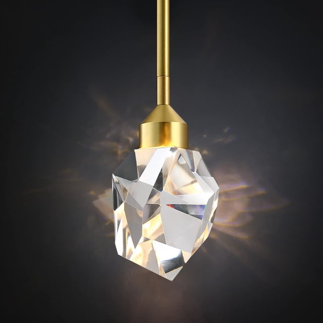 Untrammelife 1-Light Modern Crystal Pendant Light in Gold Brushed Brass Finish 5W Integrated LED Mini Hanging Pendant Light Fixture Metal Rod Ceiling Single Pendant Light for Kitchen Bedroom Bar