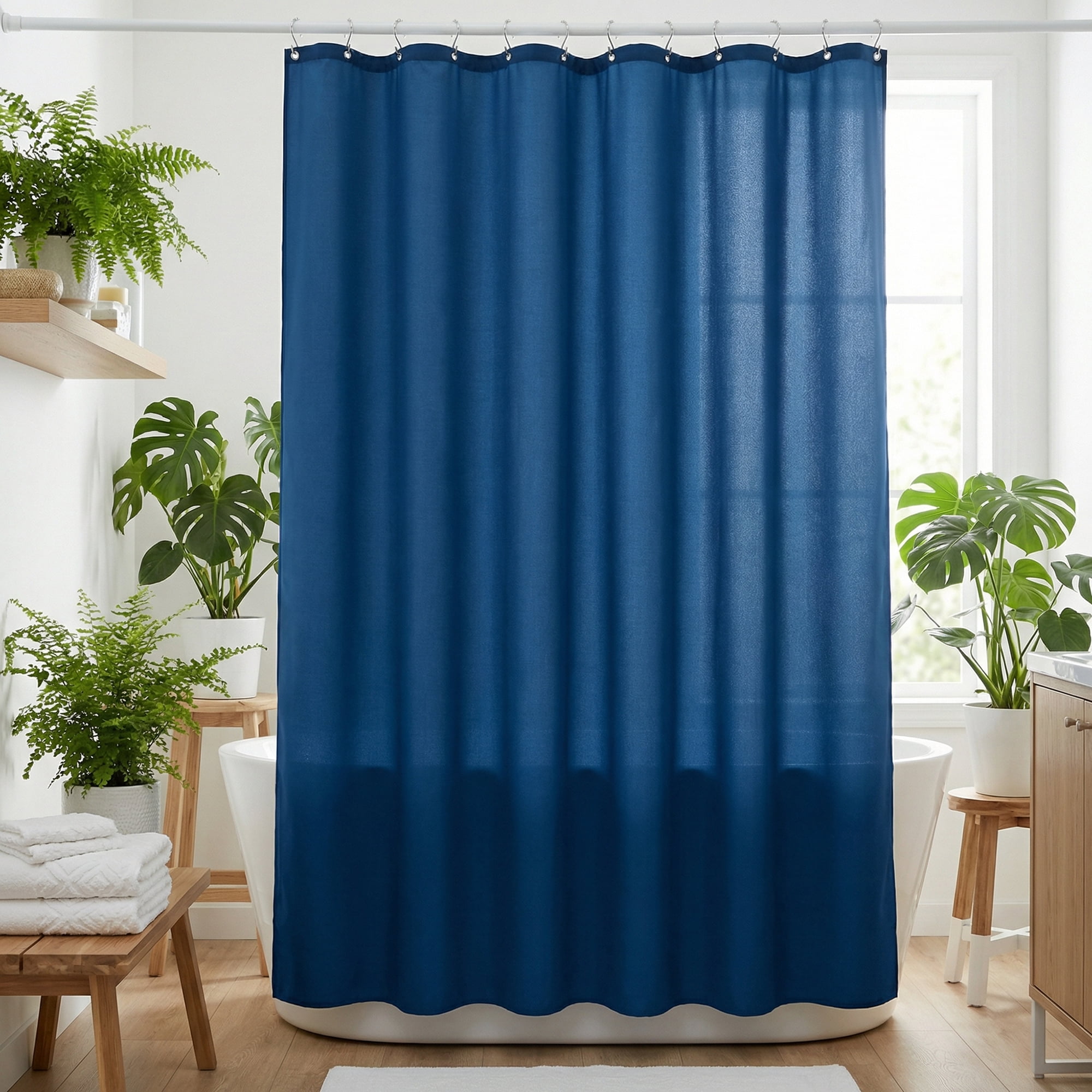 Unique Bargains Solid Polyester Shower Curtain Sets with 12 Hooks Dark Blue 71"W x 71"L