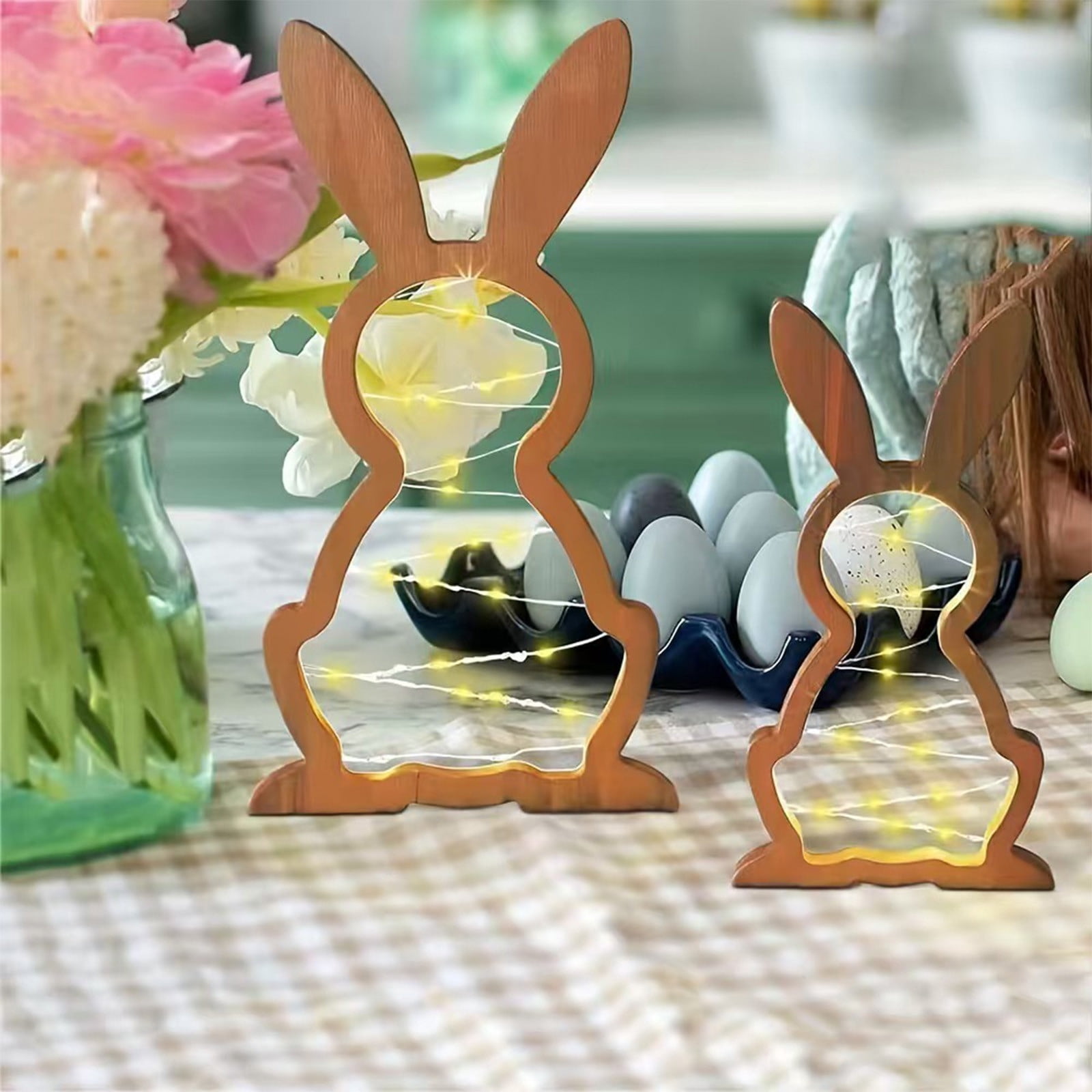 Set of 2 Wooden Easter Bunny Night Lights for Nursery, Spring Home Shelf Decor with Soft Warm Glow