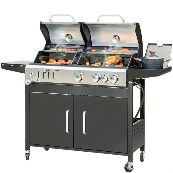 Alpha Joy Dual Fuel Gas and Charcoal Grill Combo with 3 Burners and Side Burner