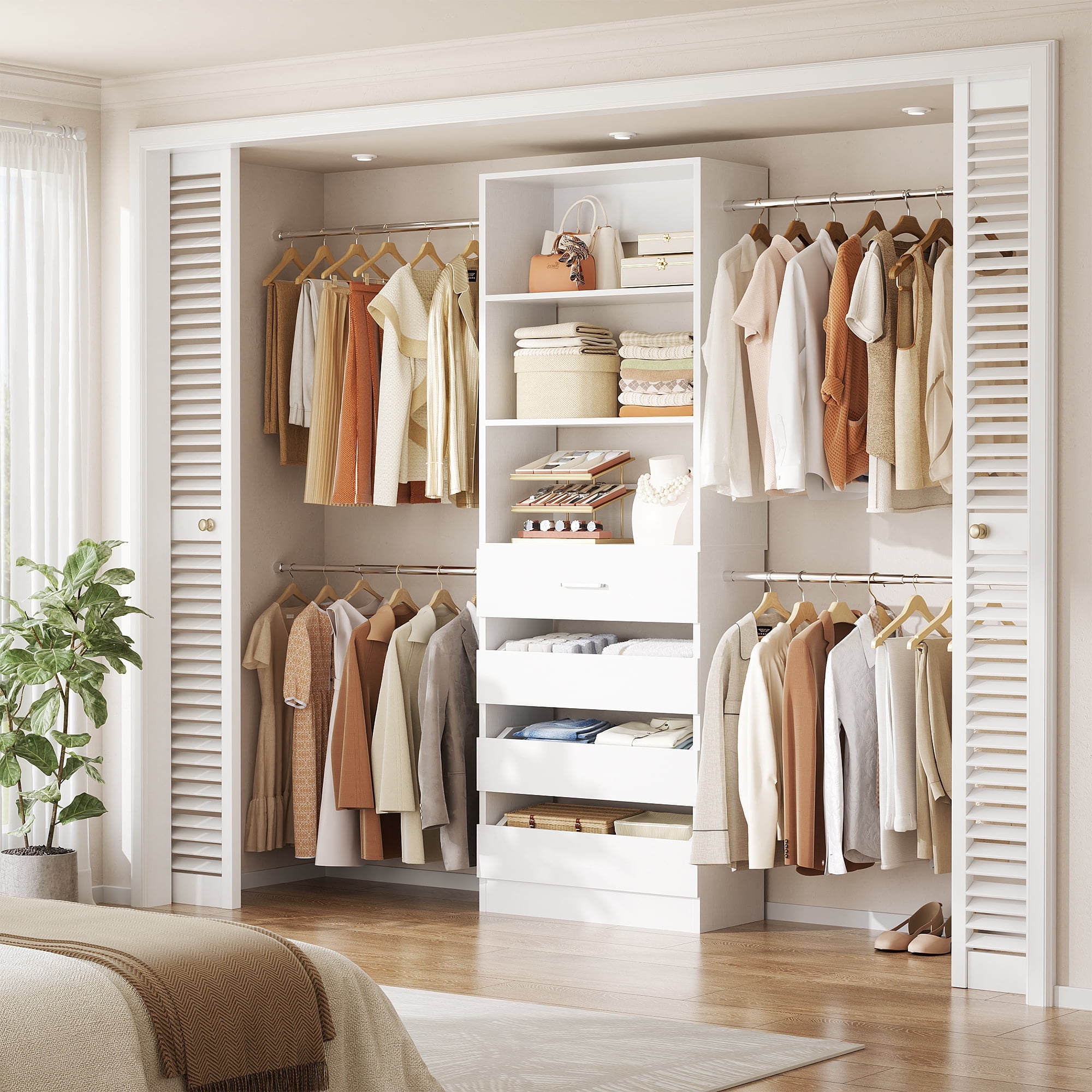 Homieasy 4-9 Ft Adjustable Wooden Closet Organizer System with 4 Drawers, 4 Hanging Rods & Shelving Towers - Heavy Duty Walk-in Wardrobe Rack, Space-Saving Design, Easy Assembly,White