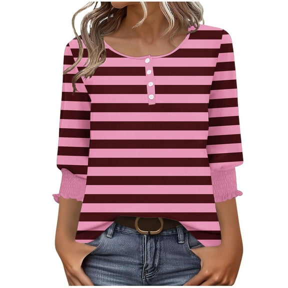 Womens Henley Shirts, 3/4 Sleeve Shirts for Women Summer Fashion Loose Fit Striped Printed Button Up Crewneck T-Shirts S-2XL