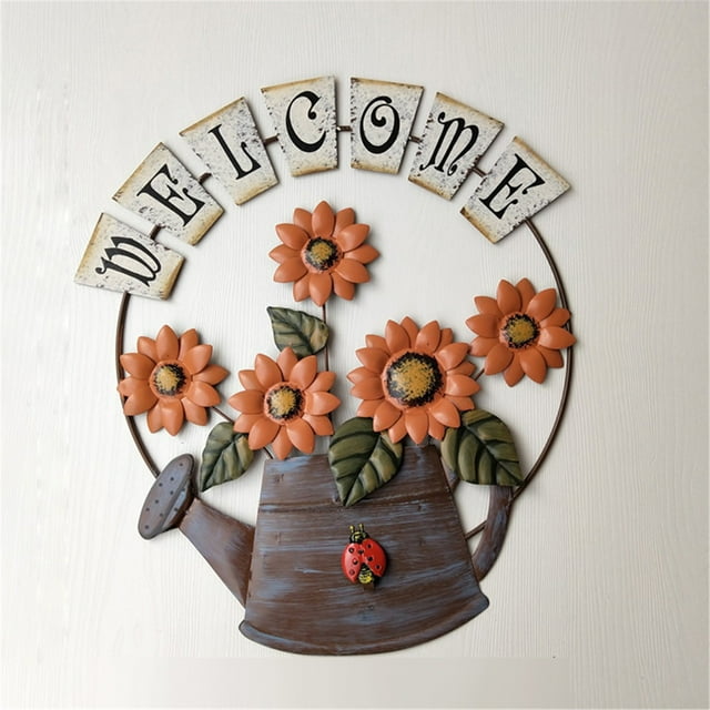 XWSHYW Adornos Colgantes Decoración de Pared Tetera Bienvenida Colgante de Hierro con Forma de Girasol Pintado