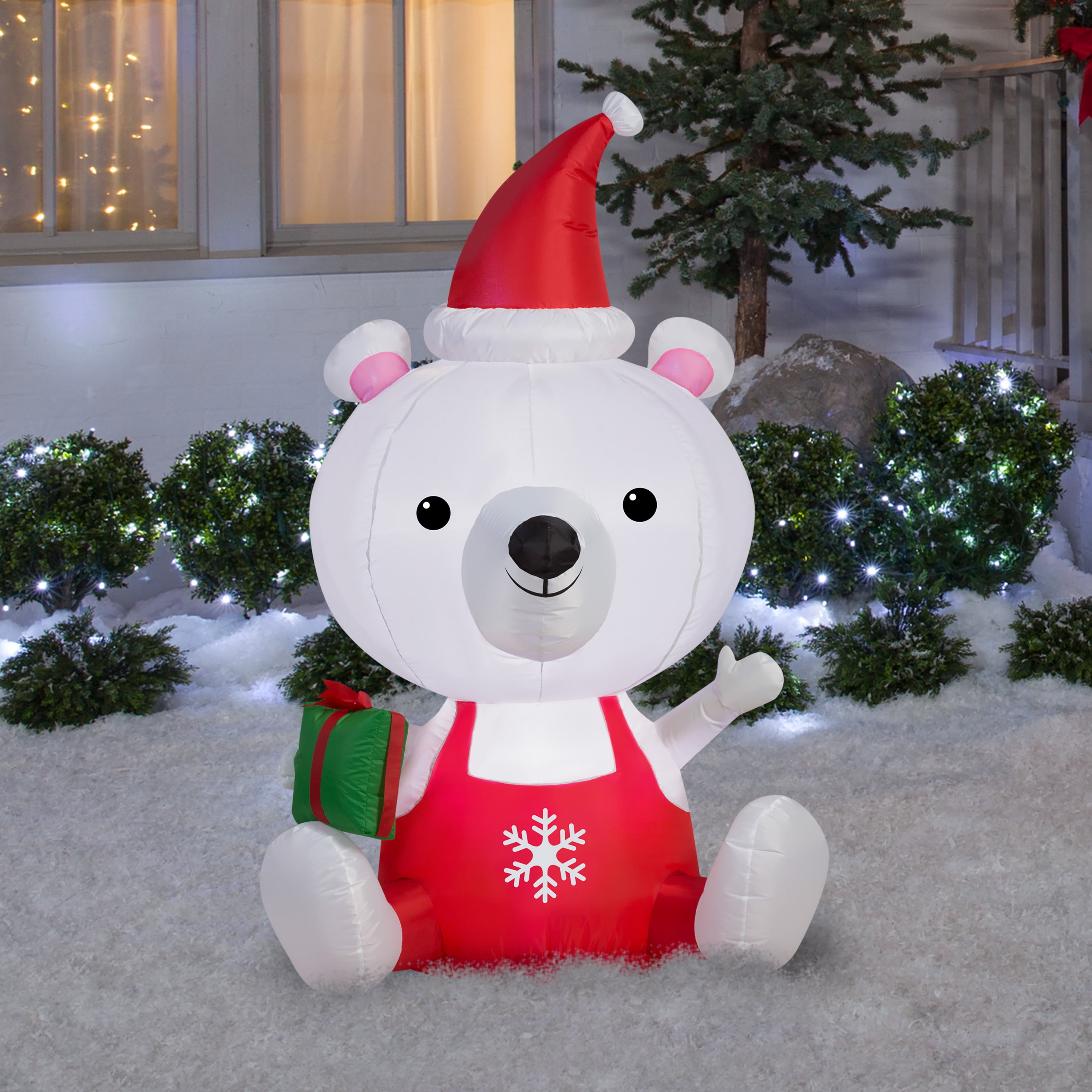 Christmas Inflatable Polar Bear With Santa Hat & Gift By Gemmy