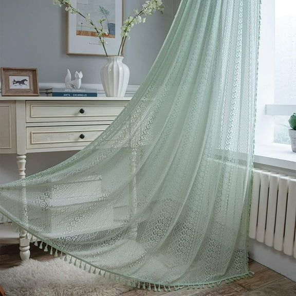 Crochet Lace Window Curtain Panel with Tassels Semi Sheer Hollow Curtains for Bedroom Living Room, 1 Pane Rod Pocketl