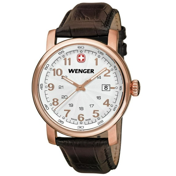 Wenger Men's 01.1041.109 Urban Classic White Dial Rose Gold Steel Brown Leather Strap Watch