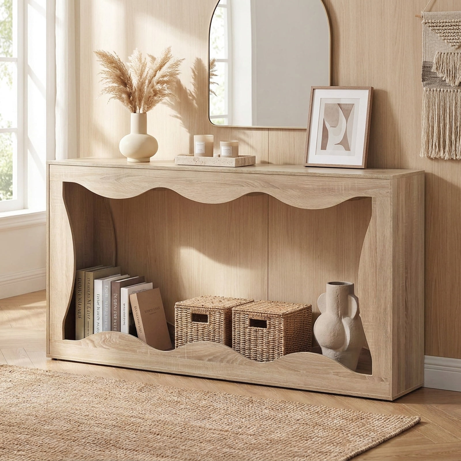 Furnibear 63 Inch Long Narrow Console Table 2 Tier Entryway Table with Wavy Edge Storage Shelf for Hallway Living Room, Natural