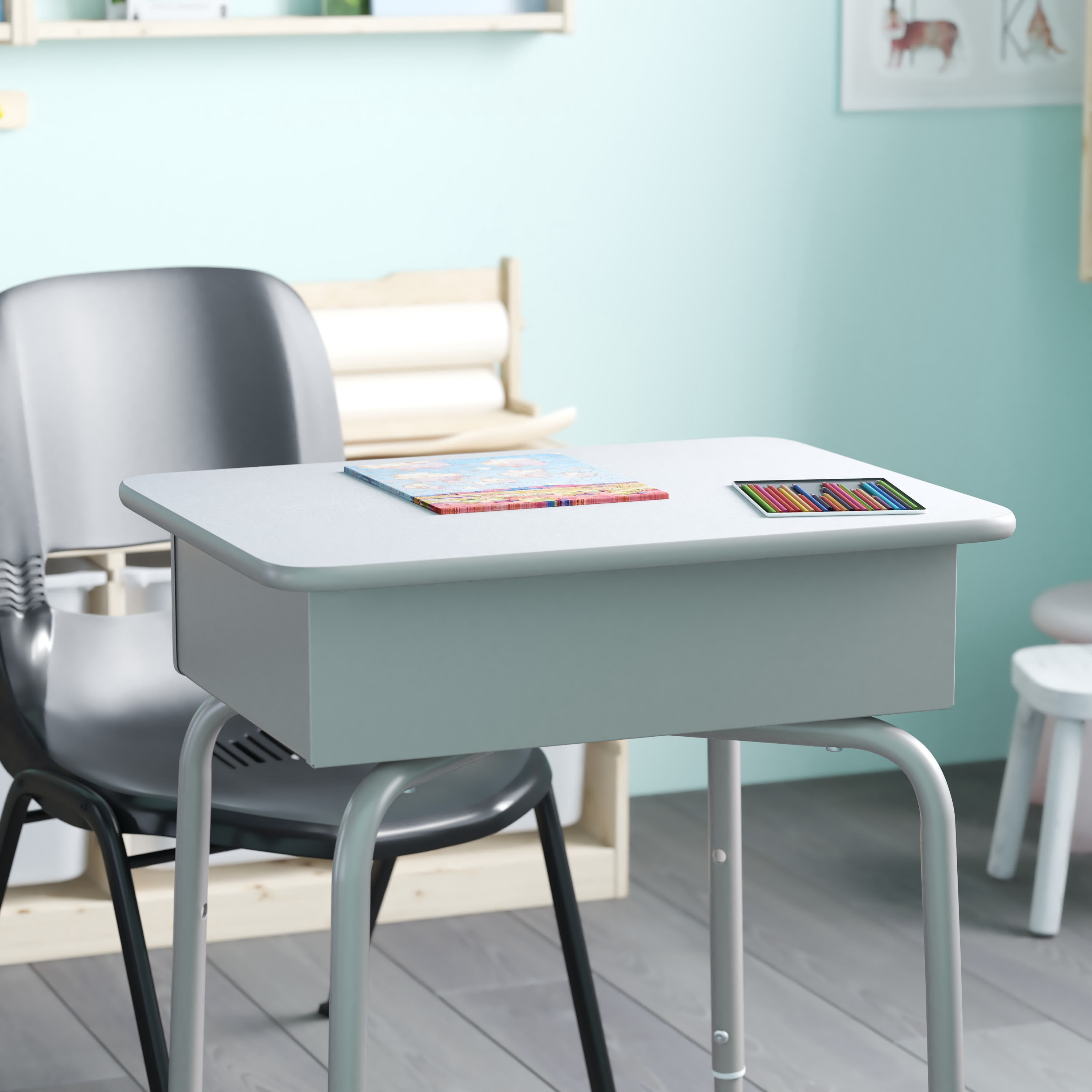 Emma + Oliver Height Adjustable Student Desk with Open Front Metal Book Box, Silver Metal Frame and Gray Granite Finished Desktop