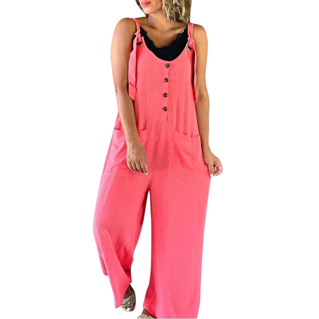 B91xZ Womens Overalls Spaghetti Strap Loose Overalls with Pocket One Piece Rompers,Red S