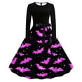 thumbnail image 2 of BaoFuBaoMei Halloween Dresses for Women Plus Size Crew Neck Long Sleeve Halloween Bats Print Midi Dress Back Zipper Closure Waist Bow Tie a Line Dresses for Party, 2 of 6