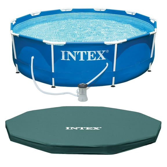 INTEX Metal Frame 10' x 30" Outdoor Swimming Pool with Filter Pump & Cover