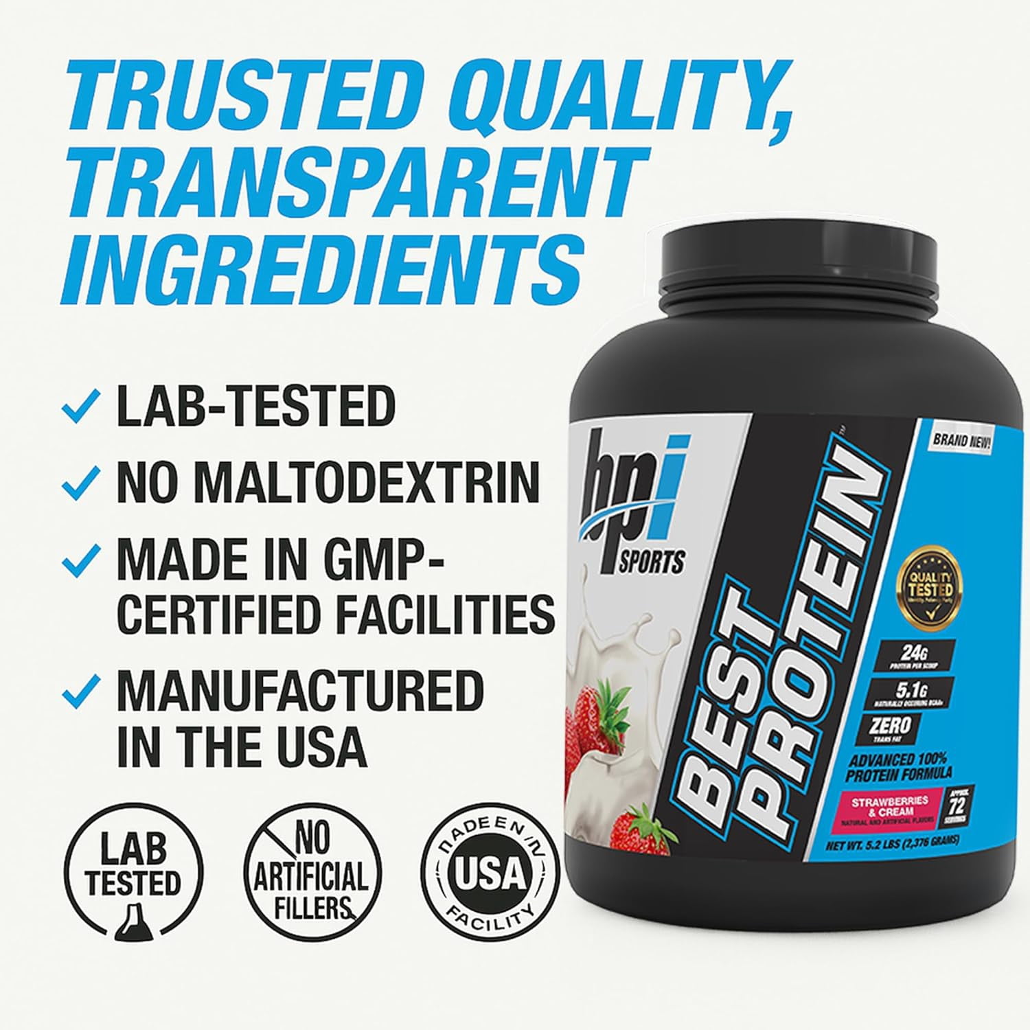 BPI Sports Best Protein Powder, 100% Whey Blend for Muscle Growth & Recovery, Strawberries & Cream, 5.2 lbs (72 Servings)