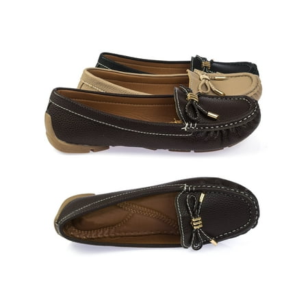 Minnetonka Brown Moccasin Jimmi05 by Forever Link, Moccasins Comfortable Padded Flat Slip On Loafer w Metal Bow Ornament ()